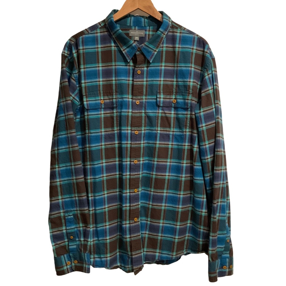 L.L. Bean Signature Men’s Plaid Dutton Up Shirt Blue/Brown Long‎ Sleeve